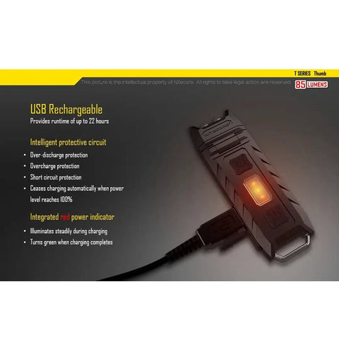 85 Lumens USB Rechargeable Keychain Light charging with visible red power indicator and protective casing