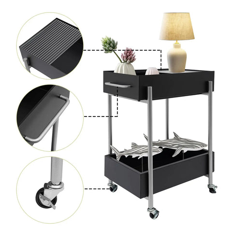Close-up of Ride Smooth Black Two Tier Mobile Bar Cart With Secure Roller Wheels Home Serving Stand showcasing top drawer and decor.