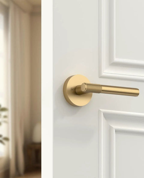 Two Pack Champagne Bronze Dummy Door Handles Set For Closets And Interior Doors Non Turning Lever With Knobs For French Doors Pantries And Double Doors Easy Install Classic Style That Pops In Any Room, champagne bronze lever on white interior door