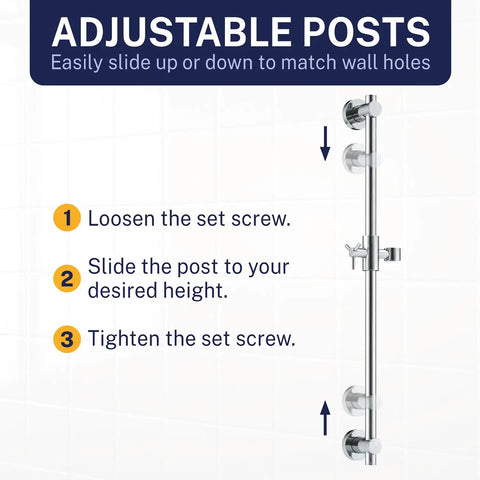 Solid Metal 27.5 Inch Shower Slide Bar Set With Handheld Shower Head And Hose Chrome Finish adjustable posts installation