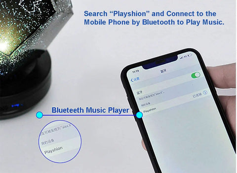 Phone connecting to Galaxy Star LED Night Light Projector With Bluetooth Music Player, showing "Playshion" on screen.