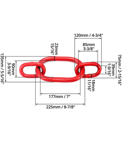 Chain Sling Ring Oblong Master Link Hoist Ring For Lifting Rigging Grade 80 8 Ton 17636 Lb Capacity with measurement details