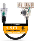 Heavy Duty Outdoor Tri Tap Extension Cord 1.5 Foot 12 Gauge 3 Conductor With Circuit Breaker Indicator Light Waterproof Black