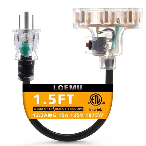 Heavy Duty Outdoor Tri Tap Extension Cord 1.5 Foot 12 Gauge 3 Conductor With Circuit Breaker Indicator Light Waterproof Black