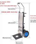 Heavy Duty Electric Hand Truck Stair Climber With Telescopic Handle And Removable 48 Volt Battery shows dimensions and features, 400kg capacity.
