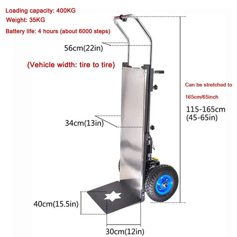 Heavy Duty Electric Hand Truck Stair Climber With Telescopic Handle And Removable 48 Volt Battery shows dimensions and features, 400kg capacity.