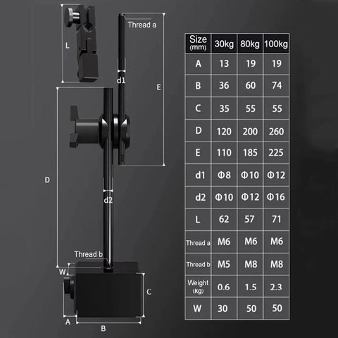 Diagram of Heavy Duty Magnetic Base Stand For Dial Indicator dimensions and specifications for machining and inspection jobs.
