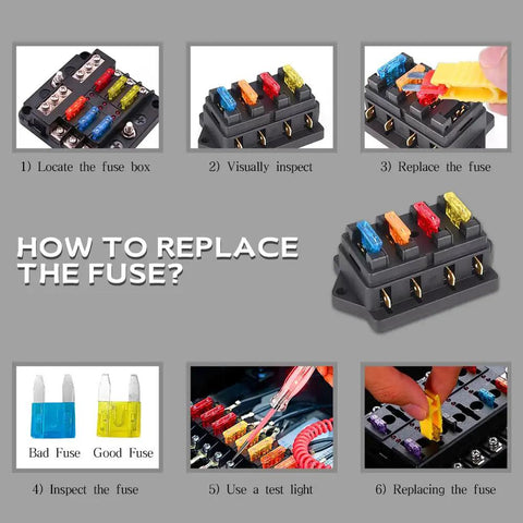 Heavy Duty Standard Automotive Blade Fuses 120 Piece Assortment Corrosion Resistant Zinc Alloy Housing Fast Acting Electrical Protection showing replacement steps.