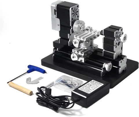 4 Axis Mini Metal Lathe 60W High Speed Machine For Precision Machining Soft Metals Wood Acrylic And Plastic, components and tools shown.