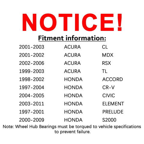 Fitment chart for Front Wheel Bearing Hub Assembly 510050 Direct Fit OEM Quality For Honda CRV 1997 To 2004 Civic 2004 To 2005