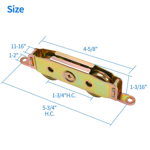 Heavy-Duty Sliding Door Rollers Set With 1-1/4 Inch Steel Ball Bearing Wheels showing dimensions and adjustable sides