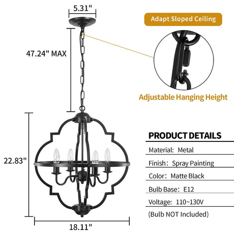 Rustic Farmhouse Black Chandelier For Dining Room And Living Areas With Industrial Metal Design, 18.1 Inch Adjustable Height Ceiling Light with dimensions and material details.