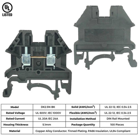 Front view of UL Listed DIN Rail Terminal Block Kit with Ground Jumpers End Covers and End Brackets for 12 to 22 AWG Wire 20A 600V Rating