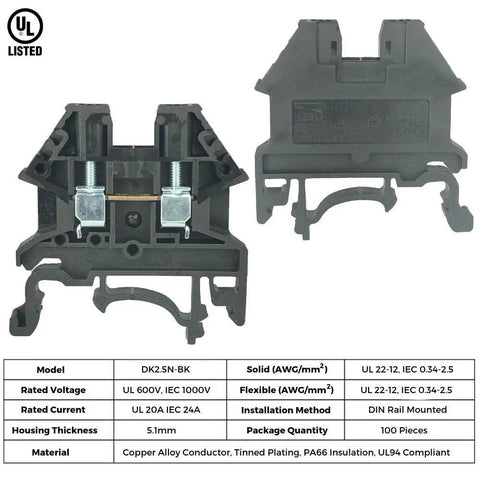 Front and side view of DK2.5N-BK DIN Rail Terminal Block Screw Type UL Listed 600V 20A 12-22AWG Pack Of 100