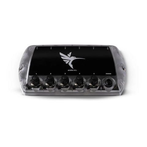 Front view of five port Ethernet switch for fish finders and networking gear build a plug and play XPLORE and AP network for marine use.