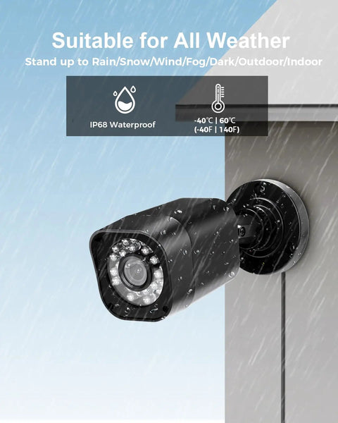 Four Channel 1080P Wired Home Security Camera System With 512GB HDD, Four IP68 Waterproof Cameras in rain on wall mount