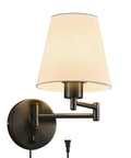 Modern Swing Arm Wall Light Plug In With White Fabric Shade, Black Metal Wall Sconce For Bedroom, Living Room, And Bedside