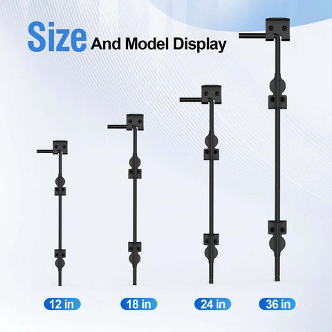 Size display of 12 to 36 inch cane bolt heavy duty gate drop rod latches for wood, metal, vinyl fences, black coating.