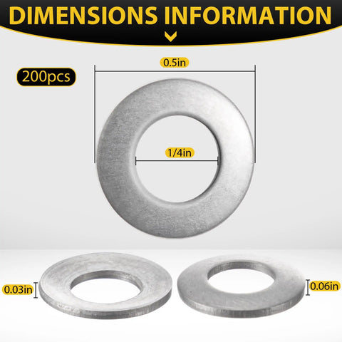 200 Pack Quarter Inch Belleville Washers Bulk Conical Disc Spring Cup Washers 18-8 Stainless Steel For Hardware Projects And Replacements Perfect For Automotive, Machinery, And DIY Gearhead Shop Use. Size chart showing 1/4 in washer, 0.5 in OD, 200 pcs