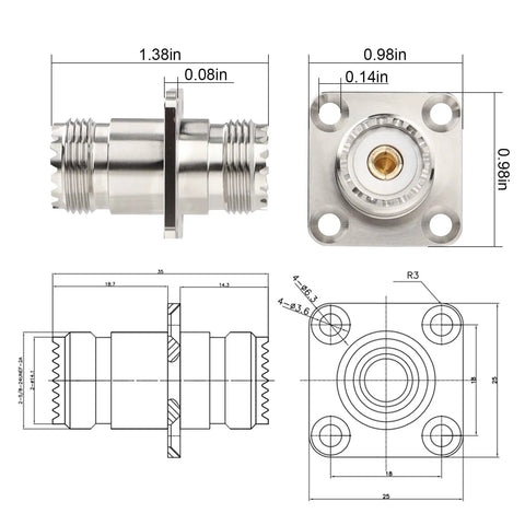 SO239 UHF Female To Female Chassis Mount Connector 4 Hole Flange Panel Adapter dimensions and design details