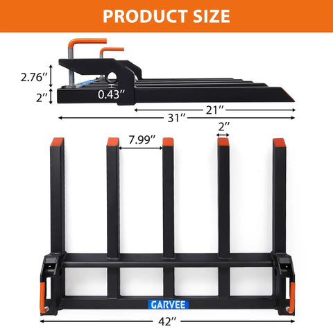 Dimensions of Heavy Duty Beefy Clamp On Debris Forks With Five Fork Tines For 48 Inch Bucket Pallet Attachments Capable Of 2500 Lbs