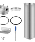 Stainless Steel Whole House Water Filter Housing Built Tough For Heavy Duty Home Plumbing Systems Fits Ten Inch By Two And A Half Inch Sediment Cartridges 1 Inch NPT Ports With Wing Style Drain Valve Great For City Or Well Water components display