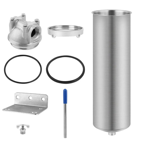 Stainless Steel Whole House Water Filter Housing Built Tough For Heavy Duty Home Plumbing Systems Fits Ten Inch By Two And A Half Inch Sediment Cartridges 1 Inch NPT Ports With Wing Style Drain Valve Great For City Or Well Water components display