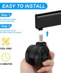 Installation guide for 3 Inch Office Chair Wheel Replacement 5 Pack With 7/16 Inch By 7/8 Inch Universal Stem, hand showing easy steps