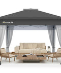13x13 Pop Up Gazebo Canopy No Fuss Backyard Patio With Mosquito Netting, Easy Setup One Push Center Lock, Grey Party Tent Shelter