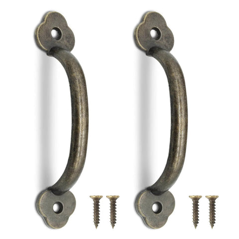 Two bronze metal barn door handles with screws, part of a 12 Pack Barn Door Handles Rustic Gate Pulls Bronze Metal Hardware Includes 24 Screws For Cabinet Garage Closet Drawer Fence Indoors Outdoors, 4 Inch Length, Hole To Hole 3.22 Inch, 4mm Holes, 101mm Overall