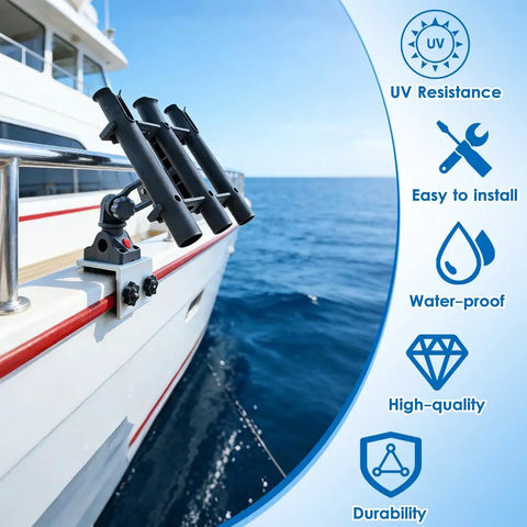 3 Pole Fishing Rod Holder With Aluminum 90 Degree Track Bracket Base, 360 Degree Rotating Deck Or Side Mount For Versatrack And Ranger Track Systems, Heavy Duty Boat Track Bracket on boat rail