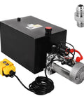 Lfgud 20 Quart Hydraulic Power Unit With Metal Tank 3200PSI Single Acting Pump And Control Remote 12V DC Motor with yellow remote.