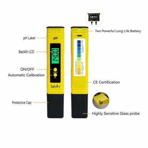 Pocket Size PH Meter Pen For Water Testing, High Accuracy 0.01, 0-14 Range, yellow with backlit LCD and protective cap