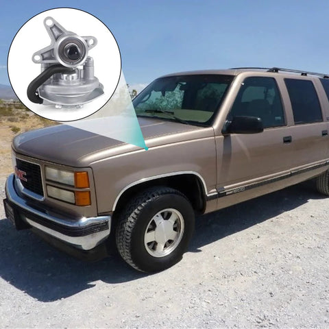 Mechanical vacuum pump AULINK 904-801; side view of beige GMC pickup with inset pump.