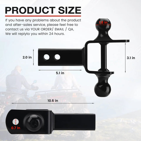 Dual Ball Trailer Hitch Receiver For ATV UTV With 5000 Lbs GTW Three In One Multi Hitch Includes 2 Inch And 1 7 8 Inch Balls Fits 2 Inch Receiver Rise 1 Inch Beefed Up Heavy Duty Towing Mount With Pin, size diagram