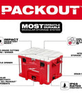 PACKOUT 40QT XL Cooler Box With Impact Resistant Polymer Body Drain Plug Food Grade Cutting Board And Divider Interior Storage Tray Ice Retention Up To Five Days And Modular Connectivity With All PACKOUT Components shown with features and labels.