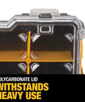 Close-up of 10 Compartment Pro Organizer With Removable Dividers, Durable Polycarbonate Lid, shows lid and compartments