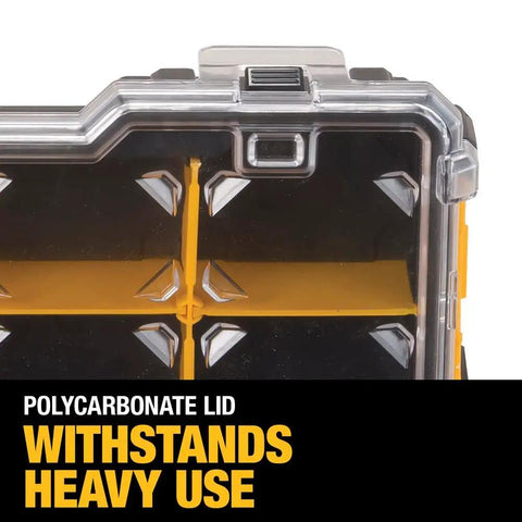 Close-up of 10 Compartment Pro Organizer With Removable Dividers, Durable Polycarbonate Lid, shows lid and compartments