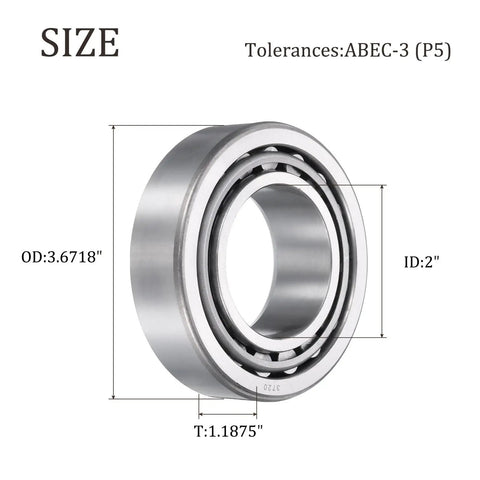 Beefy Tapered Roller Bearing Cone And Cup Set 2 Inch Bore 3.6718 Inch OD 1.1875 Inch Thick Chrome Steel ABEC 5 High Load Capacity