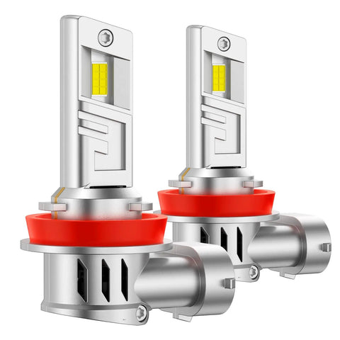 Kickass H11 H8 LED Fog Light Bulbs That Rip Through Fog And Blast 12000 Lumens Of Clean 6000K Cool White Illumination With Turbo Cooling And IP68 Waterproof Rating For Cars SUVs And Powersports Rides Pack Of Two, showcasing dual LED fog bulbs with silver design and red base.