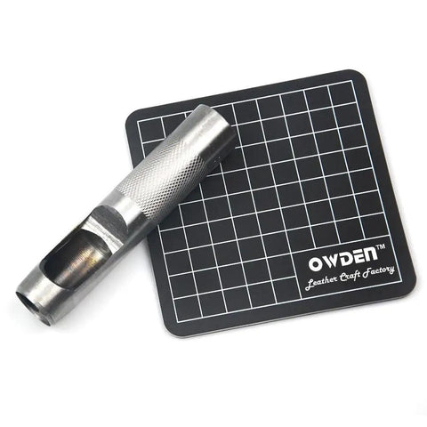 12 Piece Leather Hole Punch Set With Free Cutting Mat showing high carbon steel punch tool and protective mat for soft materials.