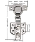 Front view of Beefed-Up 304 Stainless Steel Half Overlay Soft Close Cabinet Hinge with measurements and stainless steel construction.