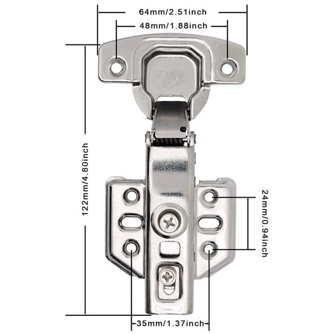 Front view of Beefed-Up 304 Stainless Steel Half Overlay Soft Close Cabinet Hinge with measurements and stainless steel construction.