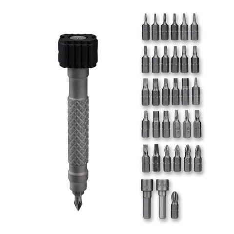 Portable Titanium 33-in-1 Screwdriver Set With 500D Cordura Waterproof Pouch, Multi Tool Hex Bit Kit displayed with titanium handle and bits