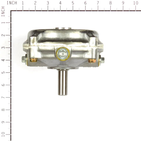 Front view of 555721 Gear Reduction Case Replacement Part for Outdoor Power Equipment next to inch ruler