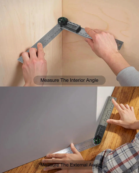 Heavy Duty Stainless Steel Digital Angle Finder With Dual Scale Folding Ruler And Big Clear Screen measuring interior and external angles.