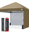 Boss Level 8X8 Pop Up Canopy Tent With Two Full Sidewalls For All Weather Shade Rock Solid Khaki Frame shown in setup with walls.