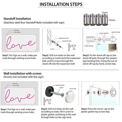 Installation steps for Pet Grooming LED Neon Sign with standoff bolts and wall screws guide.