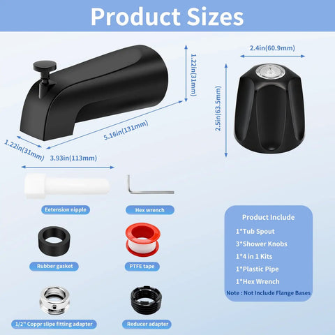 Matte Black 3 Piece Shower Knob And Diverter Tub Spout Kit size and components overview
