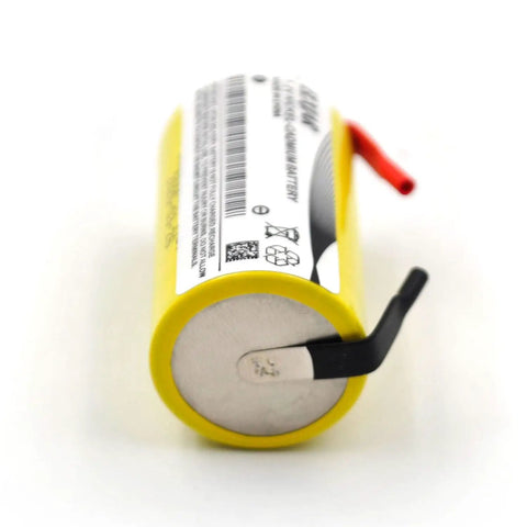 Close-up of a single Sub C 2000mAh NiCd rechargeable battery with tabs, part of 20 Pack Sub C 1.2V 2000mAh NiCd Rechargeable Batteries With Tabs For Power Tools Cordless Drills Emergency Lights And Other High Drain Devices Great For Heavy Duty Jobs At Home Or On The Job Site